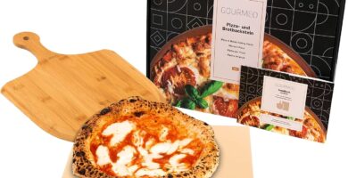 GOURMEO Kit de Piedra para Pizza + Pala de Madera
